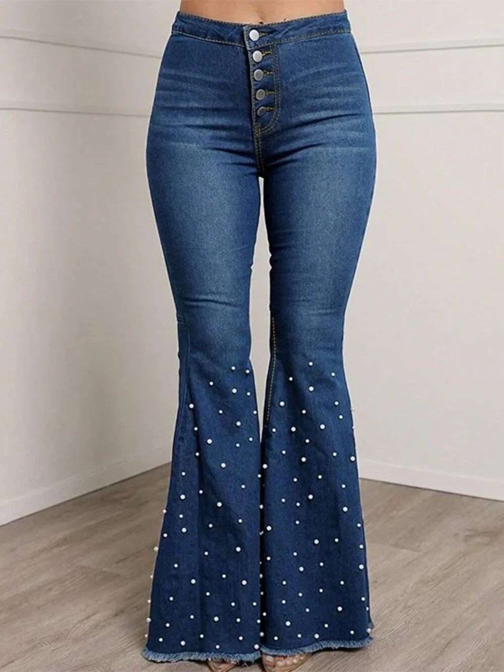 Dark Wash Casual Women's Faux Pearl Button Fly Denim Flare Pants - Picture 4 of 4